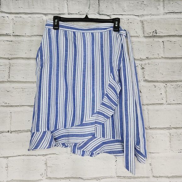 Loft Wrap Tie Knee Length Skirt Rayon Linen Blue White Striped Women's Size 8 - Picture 5 of 13